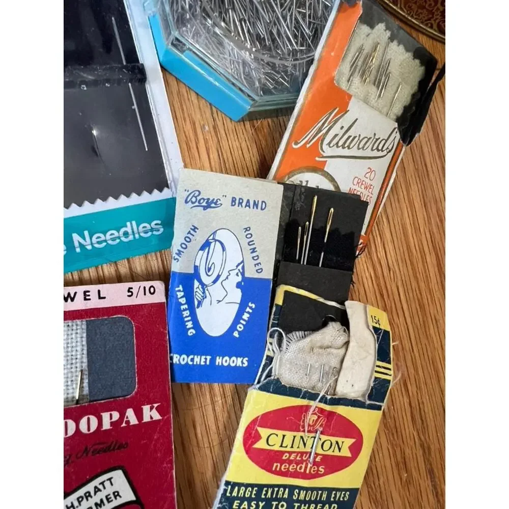 Vintage Sewing Needle Lot in Decorative Tin, Sewing Notions Craft Supply Lot